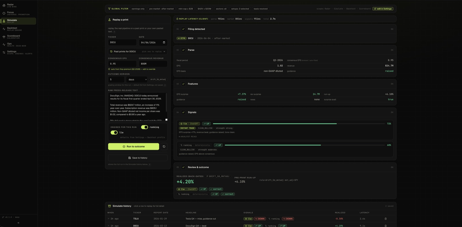 Print replay pipeline: filing detected, parsed, features, signals, and the reviewed outcome