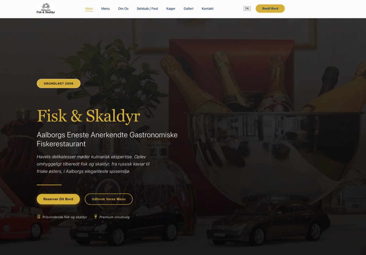 Fisk & Skaldyr restaurant landing hero — elegant dark seafood-restaurant site with gold accents