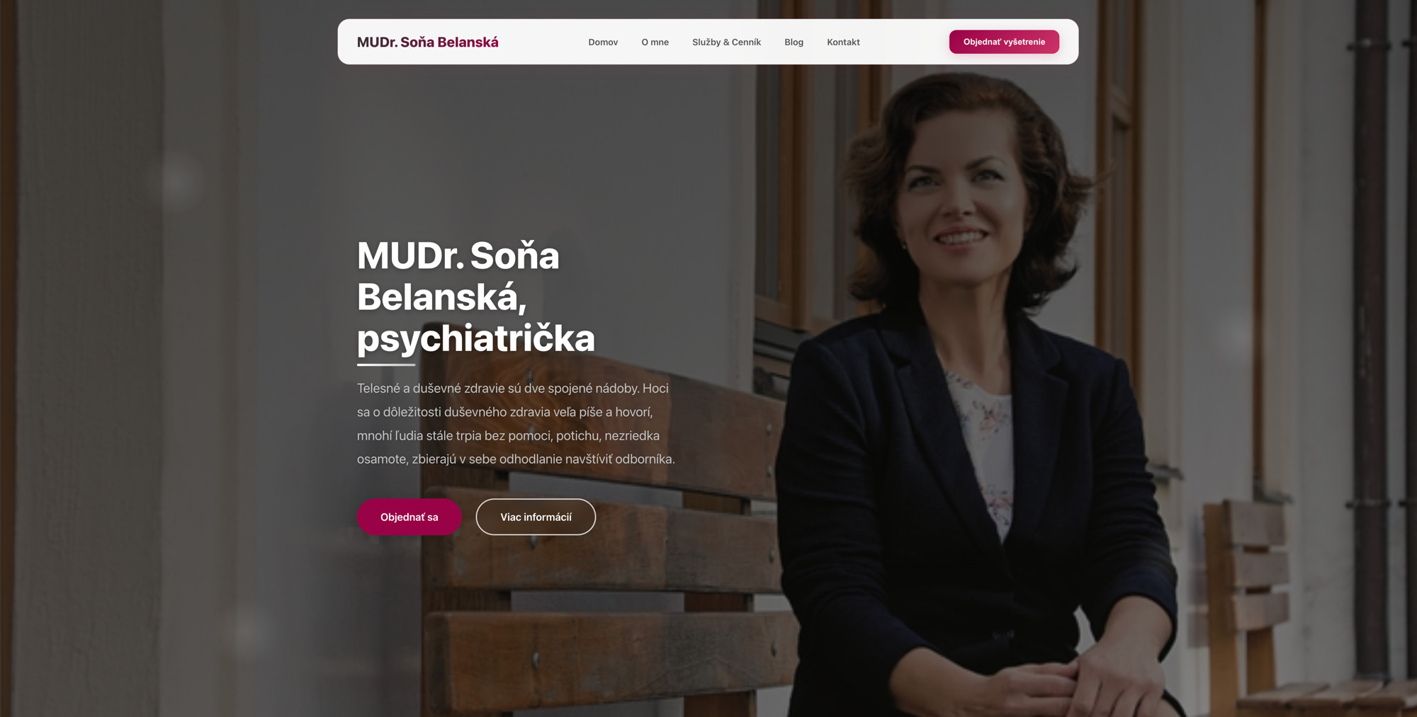 MUDr. Soňa Belanská psychiatry practice website — hero with the doctor and the practice's wine-accent branding